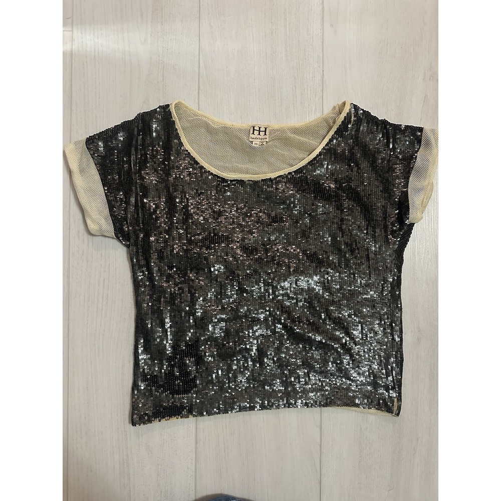 Haute Hippie Sequin & Mesh Short Sleeve Crop Top Sz XS‎ Black Metallic / Nude